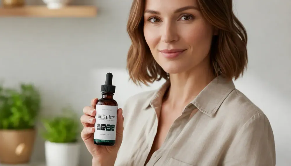 A woman holding a 2 fl oz bottle of lymphatic drainage drops in a kitchen