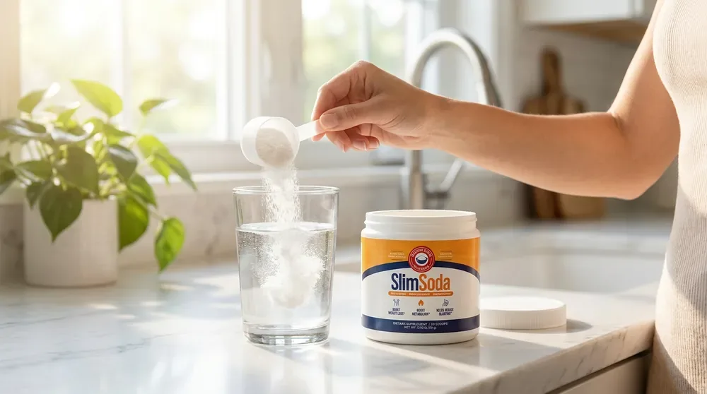 A measured scoop of baking soda formula going into a glass of water — the dose is the whole question