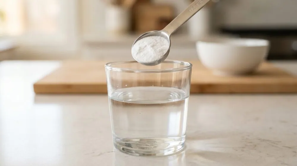 Baking soda being spooned into a glass of water — the morning shot exactly as the recipe circulates