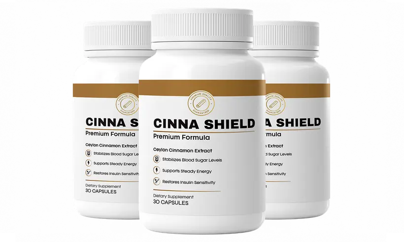Cinna Shield blood sugar capsules — three bottles of the DNA-verified Ceylon cinnamon and MCT oil formula