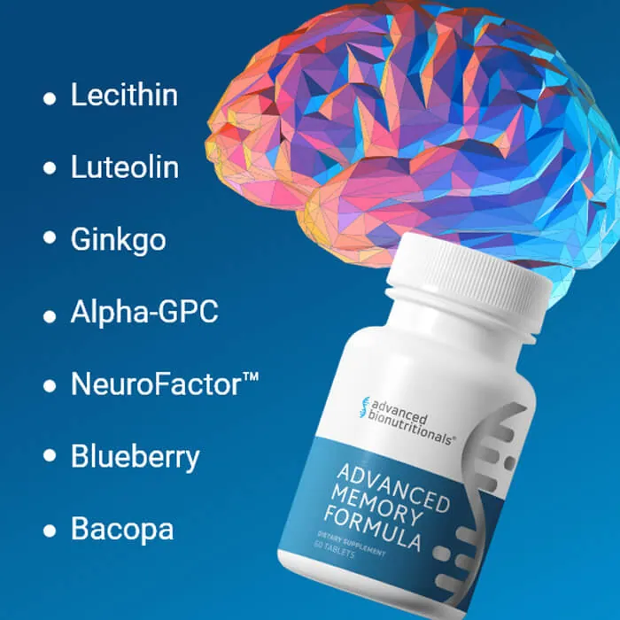Advanced Memory Formula ingredients — lecithin, luteolin, ginkgo, alpha-GPC, NeuroFactor, blueberry and bacopa