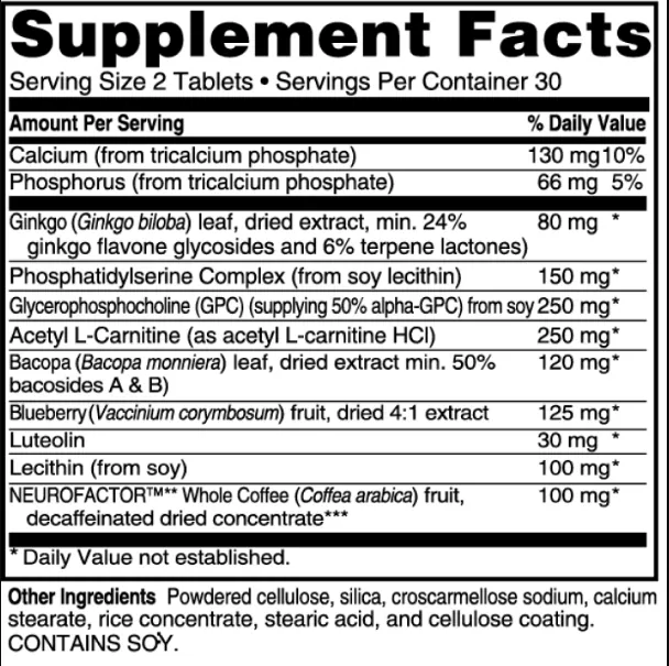Advanced Memory Formula supplement facts label