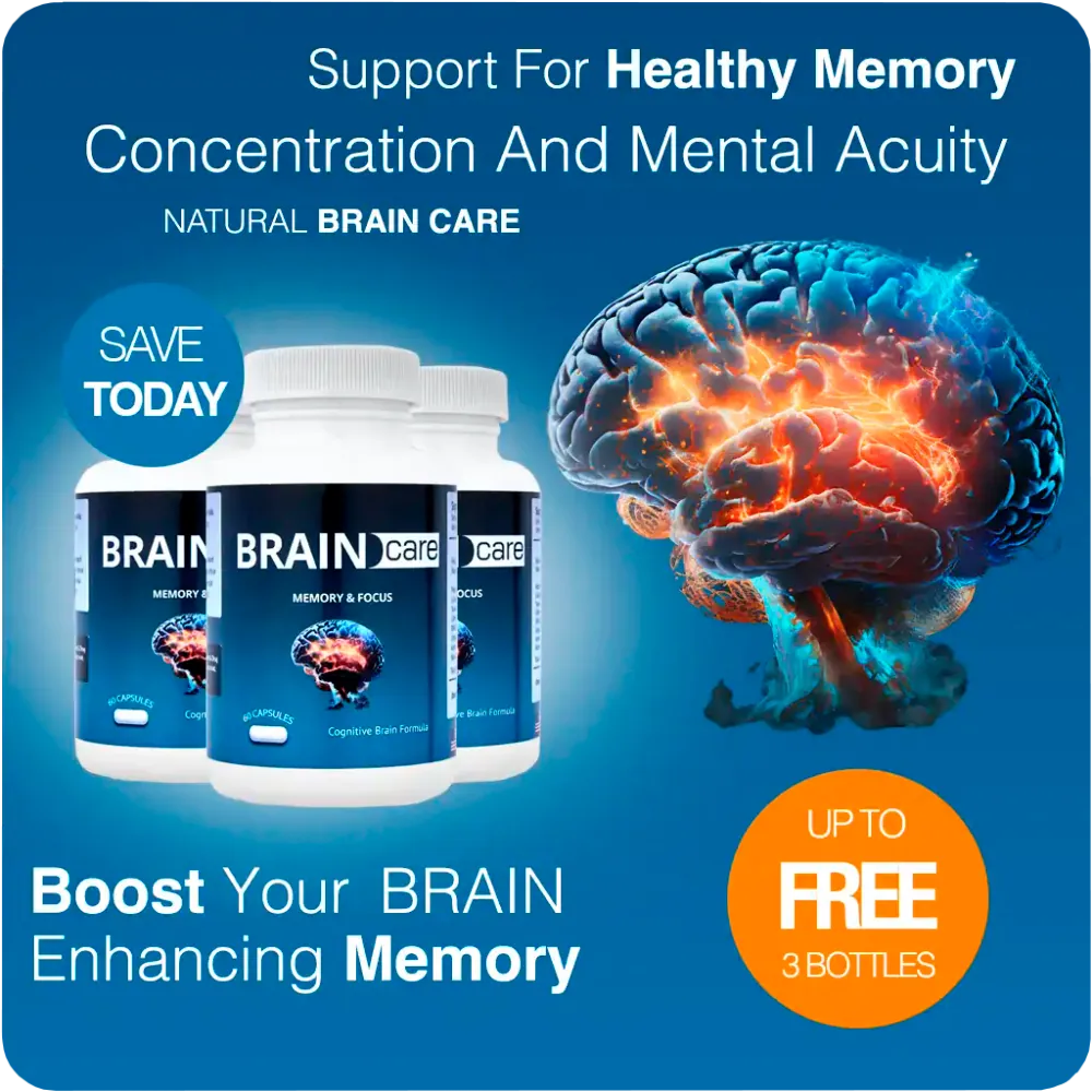 BrainCare Memory and Focus promotional banner published by the manufacturer, showing three bottles of the 60-capsule Cognitive Brain Formula