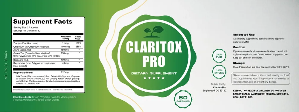 Claritox Pro supplement facts label
