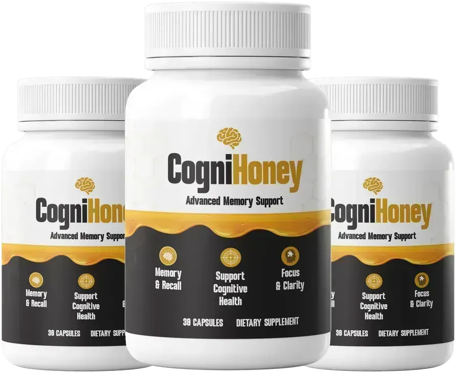CogniHoney memory support capsules — three bottles of the once-daily Ikarian honey, lithium orotate and cinnamon extract formula