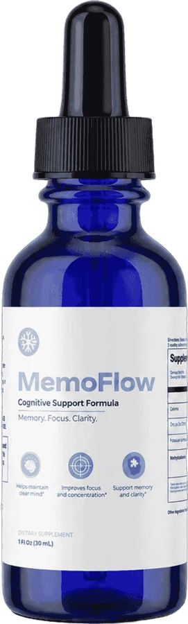 MemoFlow memory support drops — cobalt dropper bottle of the sublingual Ikarian honey anthocyanin and lithium orotate formula