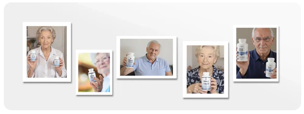 Mind Vault buyers — men and women in their sixties and seventies holding the bottle at home