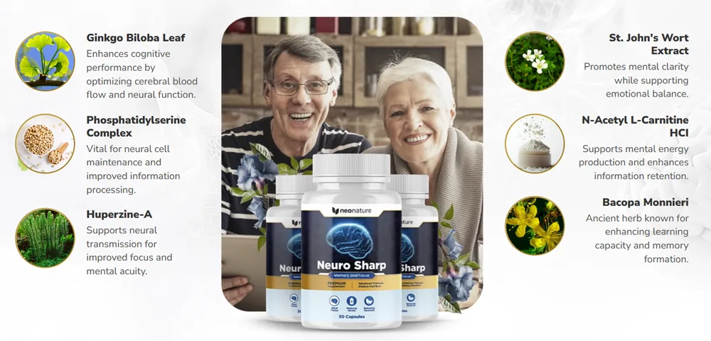 Neuro Sharp ingredients — ginkgo biloba, phosphatidylserine, huperzine-A, bacopa, N-acetyl L-carnitine and St. John's Wort