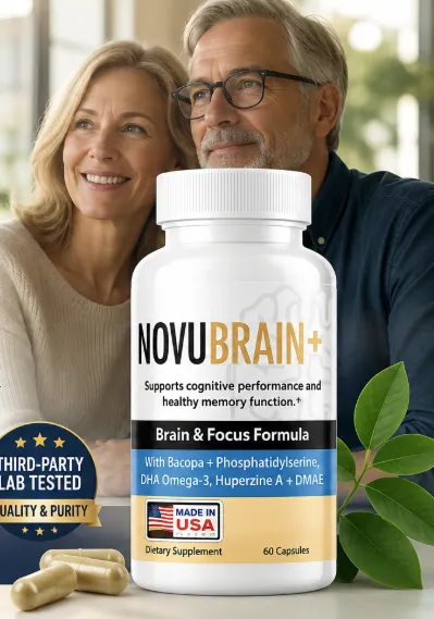 A bottle of NovuBrain Plus showing the Brain and Focus Formula label with Bacopa, Phosphatidylserine, DHA Omega-3, Huperzine A and DMAE, and the third-party lab tested badge