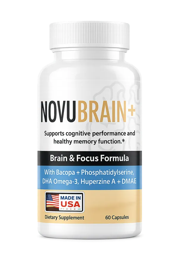 NovuBrain Plus — a caffeine-free 60-capsule brain and focus formula with Bacopa, Phosphatidylserine, DHA Omega-3, Huperzine A and DMAE