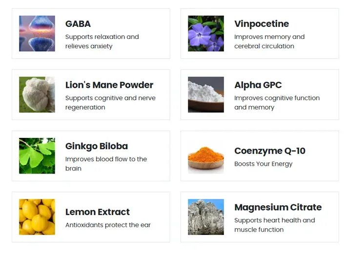 Cerebrozen ingredients — GABA, vinpocetine, lion's mane, alpha-GPC, ginkgo biloba, CoQ10, lemon extract and magnesium citrate