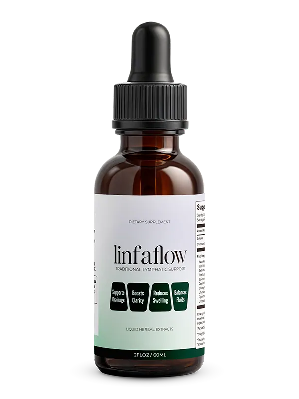 Linfaflow lymphatic support drops — a 2 fl oz amber dropper bottle holding a 300 mg blend of Cleavers, Stillingia root, Red Clover blossom and Prickly Ash bark