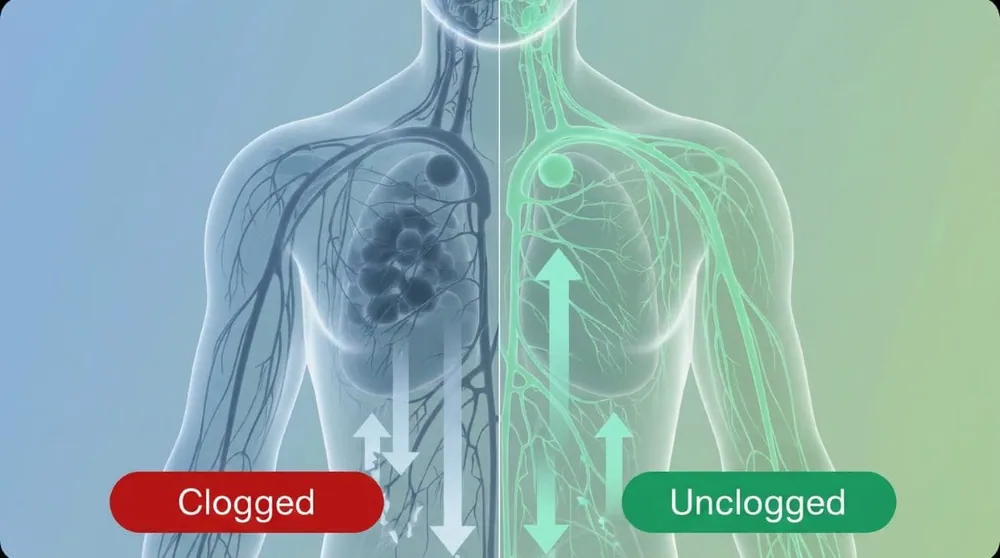 Lymphatic flow illustration — a congested drainage network beside a clear, freely draining one, the difference Linfaflow is formulated to support