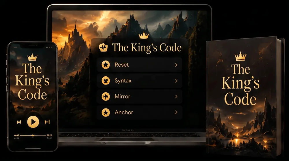 The King's Code shown on a phone, a laptop and a book, with the four phases listed: Reset, Syntax, Mirror and Anchor