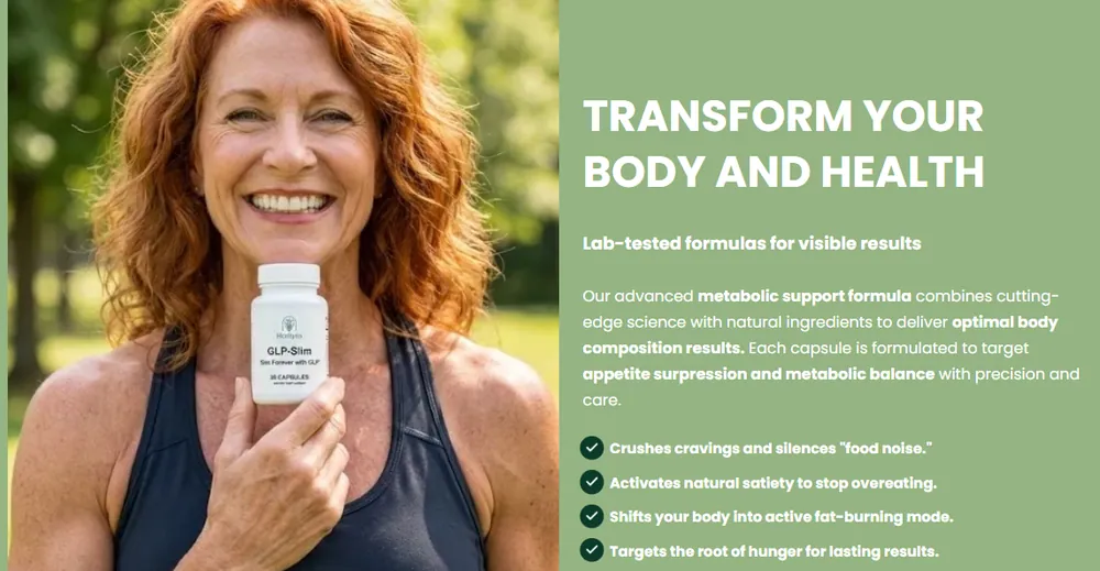 Healtyco GLP-Slim marketing image with the claim: Transform your body and health, crushes cravings and silences food noise