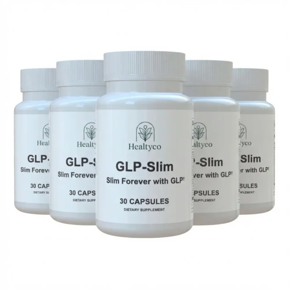 Healtyco GLP-Slim capsule bottle — an Akkermansia, Bifidobacterium and glucomannan formula for cravings and food noise