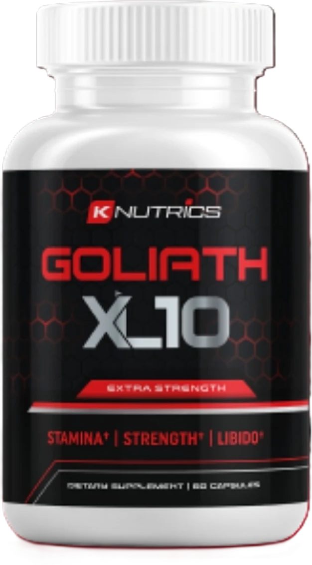 Goliath XL 10 by K Nutrics — a 60-capsule male vitality formula with fourteen fully-dosed botanicals including Epimedium, Damiana and Muira Puama at 300mg each
