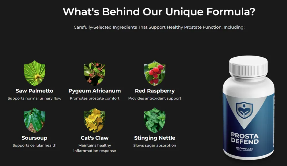 Prosta Defend ingredient overview — saw palmetto, pygeum africanum, red raspberry, soursop, cat’s claw and stinging nettle