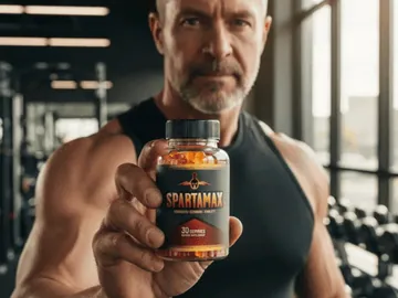 A man in his forties holding a bottle of SpartaMax Gummies at the gym — the once-daily male vitality formula