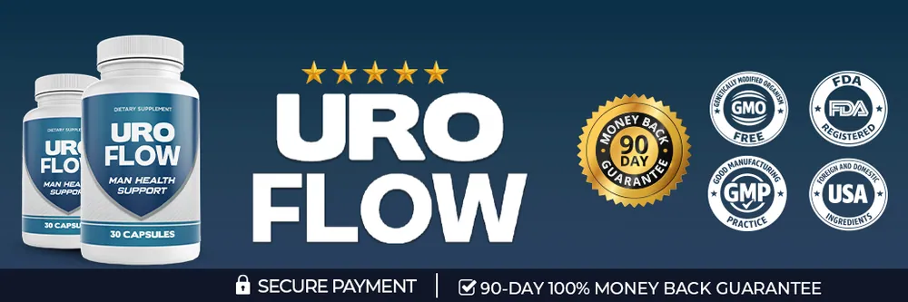 UroFlow manufacturing and guarantee badges published on the official checkout page — GMO-free, FDA-registered facility, GMP practice, and the 60-day money-back guarantee