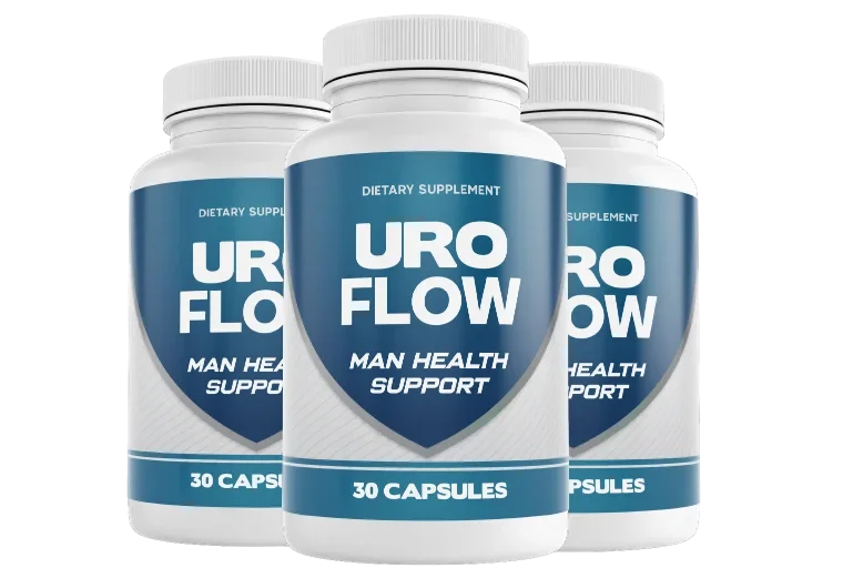 UroFlow dietary supplement bottles — a three-bottle Stinging Nettle, Saw Palmetto and Pumpkin Seed capsule formula for men