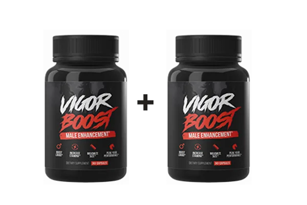 VigorBoost dietary supplement bottles — a 9-compound male formula capsule sold as a buy-one-get-one bundle