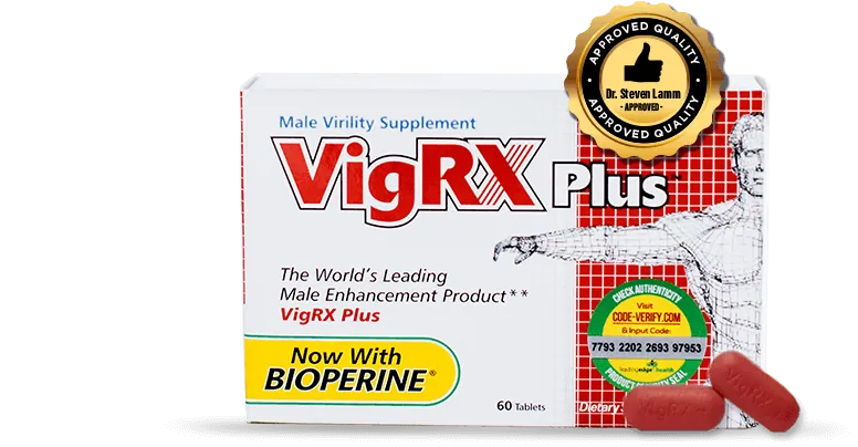 VigRX Plus tablets — a fully-dosed 10-herb male enhancement formula (Korean Red Ginseng, Damiana, Epimedium, Ginkgo, Muira Puama) with Bioperine