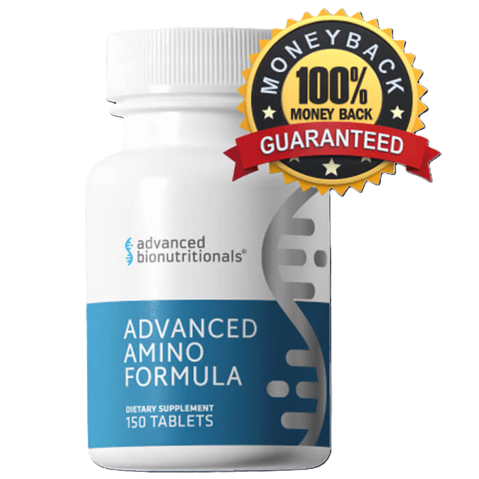 Advanced Amino Formula supplement bottle — 8 essential amino acids in a vegan tablet for muscle, recovery, and protein synthesis after 40