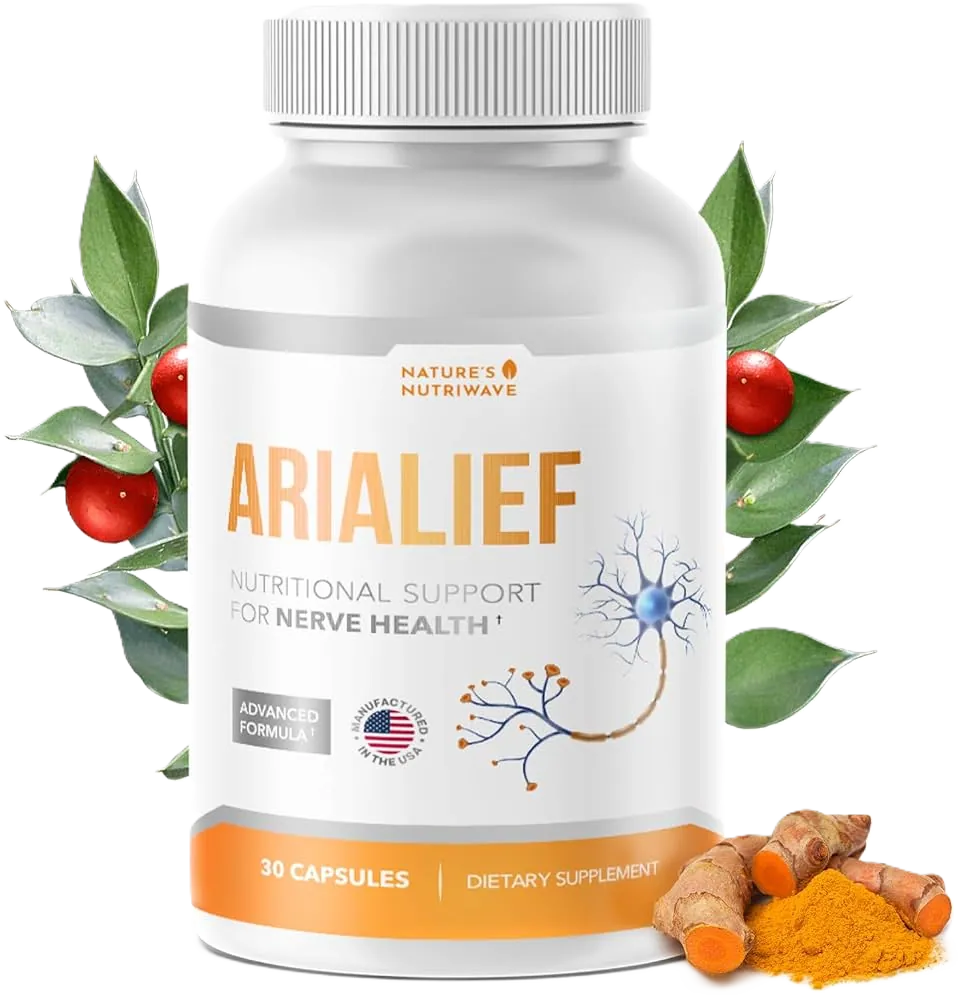 Arialief nerve-support supplement bottle — advanced sciatic and peripheral nerve formula with Alpha-Lipoic Acid, Turmeric and Magnesium Glycinate
