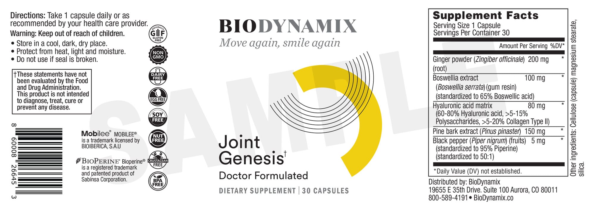 Joint Genesis supplement facts label