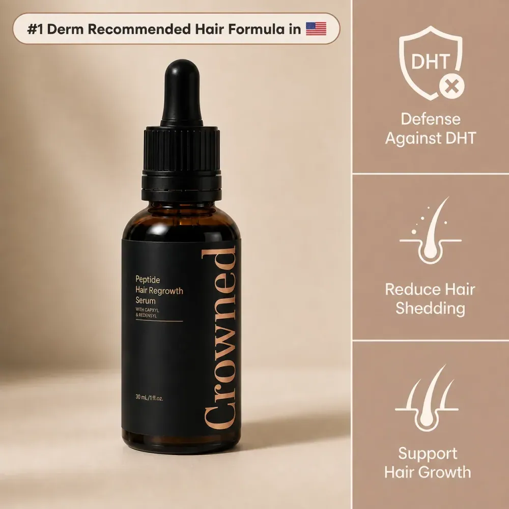 Crowned peptide hair regrowth serum — three amber dropper bottles of the GHK-Cu leave-in scalp serum