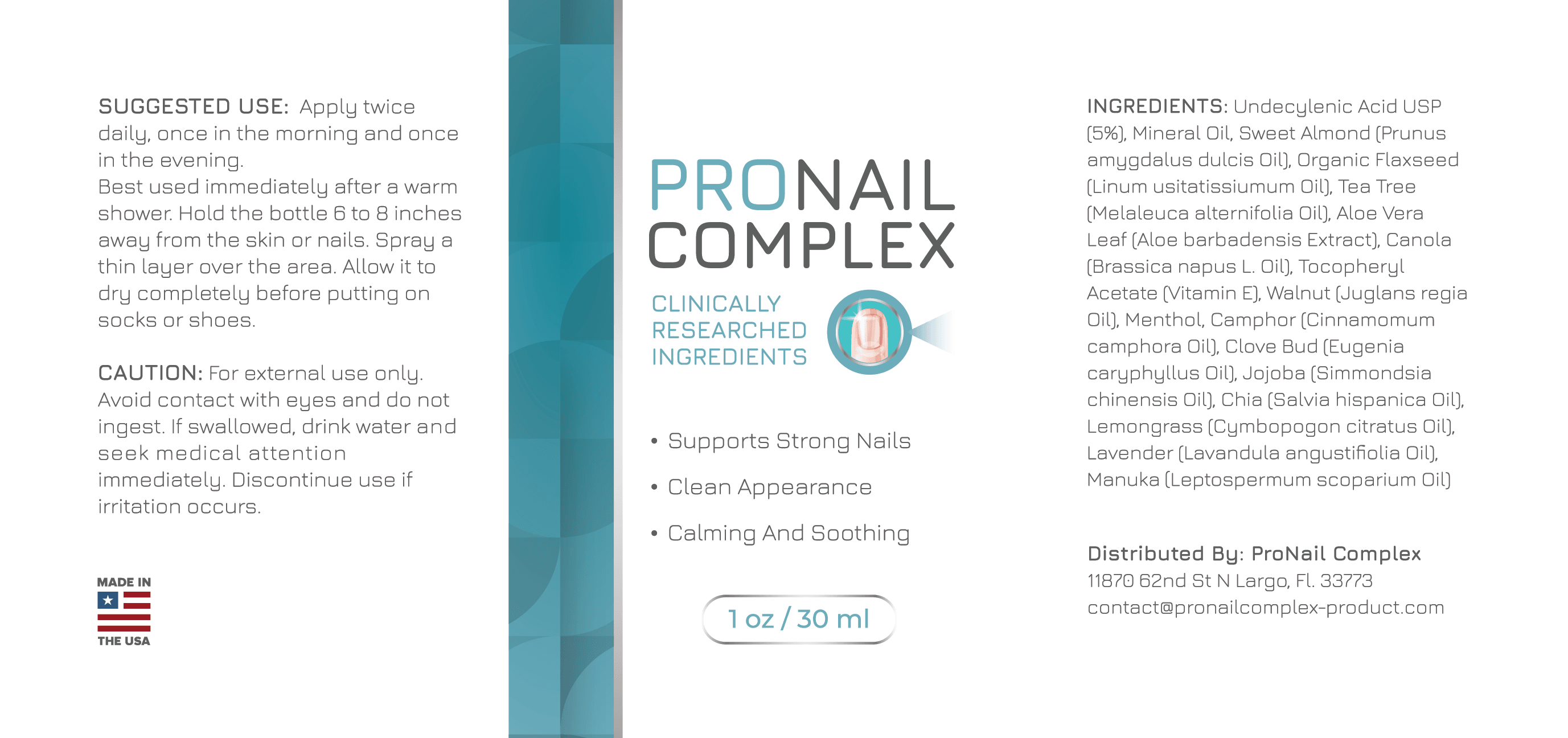 ProNail Complex ingredient label listing all 17 oils — Undecylenic Acid USP 5%, tea tree, clove, lavender, manuka, and conditioning oils