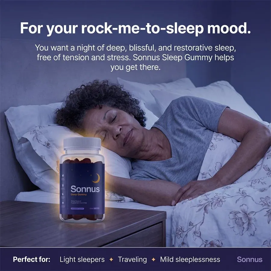 Sonnus sleep gummies presented by the manufacturer for the wind-down routine — a wild-berry gummy taken before bed