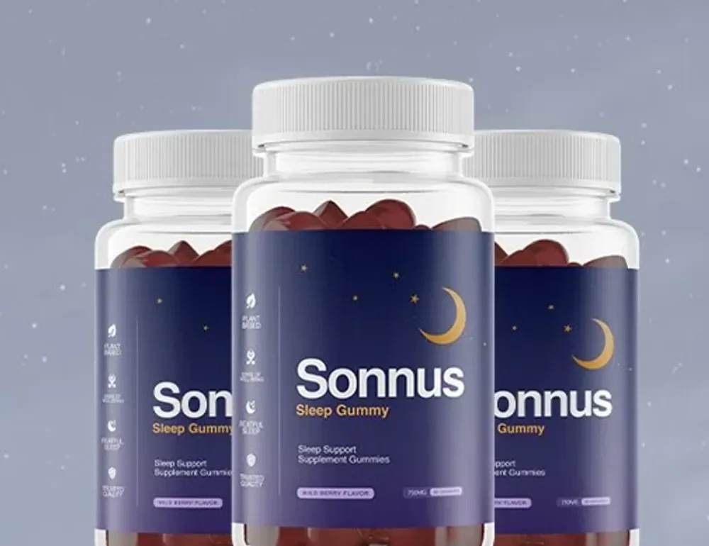 Three bottles of Sonnus Sleep Gummy — the three-bottle package, the only one that covers the full 90-night guarantee window