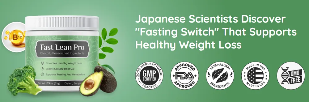 Fast Lean Pro powder jar with a B12 droplet, broccoli and avocado — the fasting-mimetic formula built around chromium, fiber and a polyamine complex