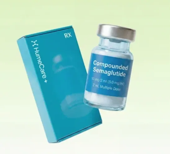 HumeCare+ compounded semaglutide vial and prescription box — a telehealth GLP-1 weight-loss subscription