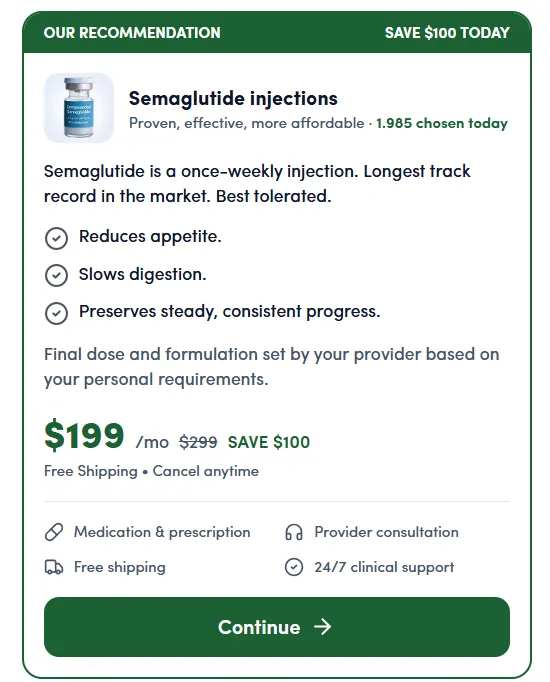 HumeCare+ checkout screen showing the $199/month semaglutide injection plan