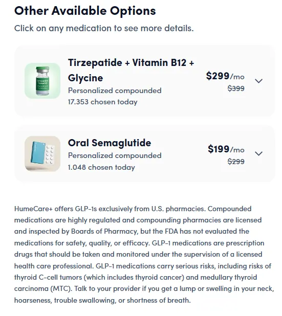 HumeCare+ checkout screen showing the tirzepatide and oral semaglutide plans, with the FDA warning about compounded medications