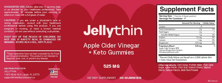 JellyThin supplement facts label