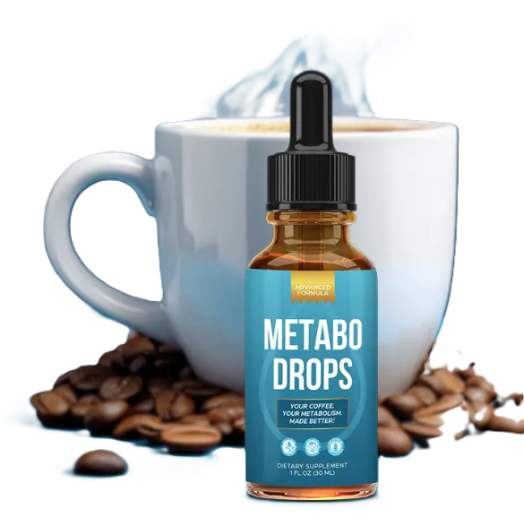 Metabo Drops liquid bottle — coffee metabolism booster with 6 compounds (Chlorogenic Acid, Green Tea EGCG, Chromium, L-Carnitine, L-Theanine, Vitamin Complex) for slow metabolism after 40