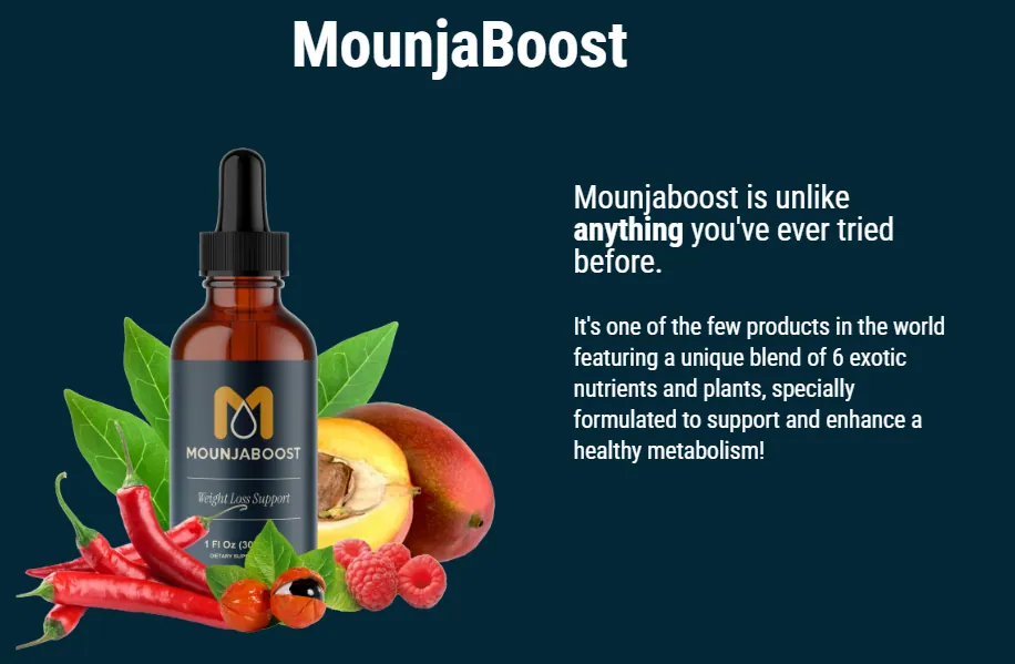 MounjaBoost product overview — liquid weight-loss metabolism drops with a botanical and amino blend for energy, appetite control, and fat metabolism