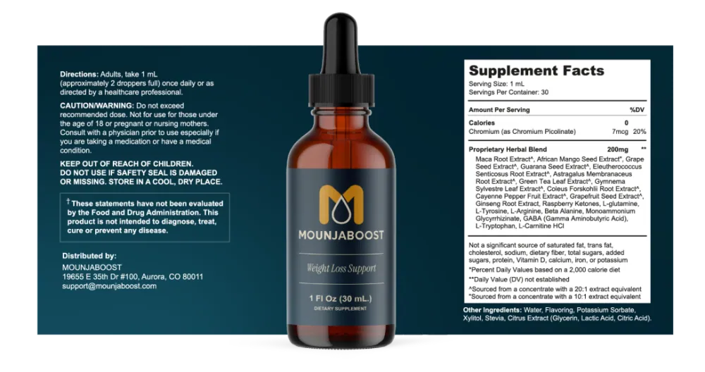 MounjaBoost supplement facts label — Chromium 7mcg plus a 200mg proprietary blend of 21 botanicals and amino acids including maca, African mango, green tea, cayenne, forskolin, and L-carnitine