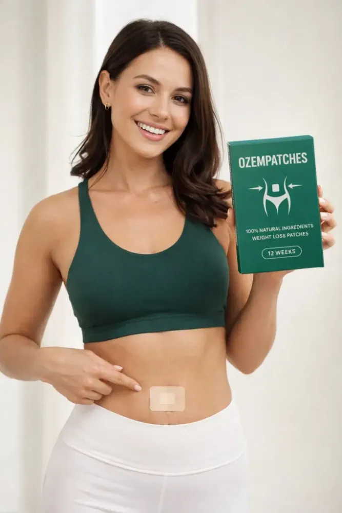 Woman holding Ozempatches box and pointing to patch applied on lower abdomen — daily transdermal weight loss patch routine