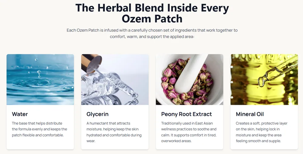 Ozempatches 4-ingredient herbal blend — Water (base), Glycerin (humectant), Peony Root Extract (active botanical), Mineral Oil (skin barrier)