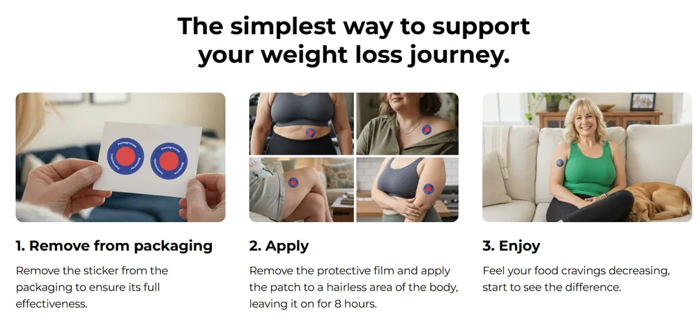 Purisaki Berberine Patches usage steps — 1. Remove from packaging, 2. Apply to hairless skin (abdomen, arm, thigh, back), 3. Enjoy as cravings decrease over 8 hours