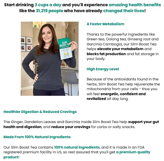 Slim Boost Tea ingredient highlights as shown on the official product page — green tea, oolong, ginseng and garcinia