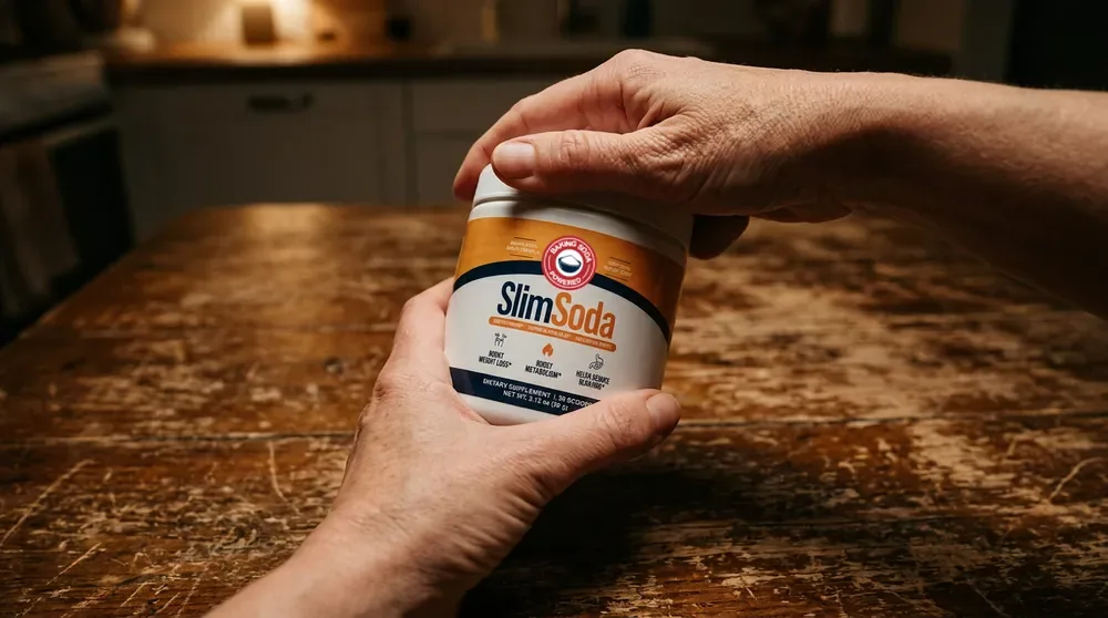A tub of SlimSoda held over a kitchen counter — the 2.12 oz jar that holds 30 scoops of the baking soda, gingerol, berberine and NAD+ powder