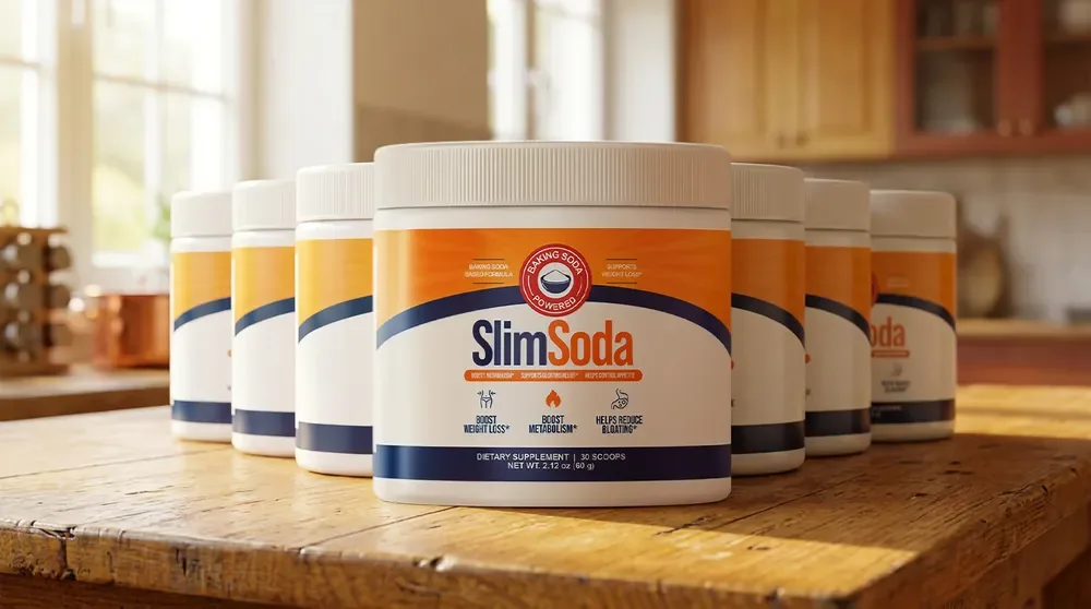 Six tubs of SlimSoda lined up on a kitchen counter — the three-tub package, which is the only one that covers the guarantee